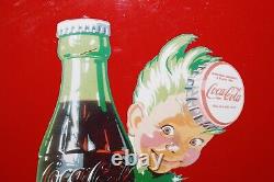 Large Vintage 1950's Coca Cola Sprite Boy Soda Pop 36 Curved Button Metal Sign
