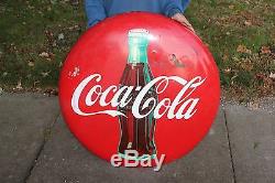 Large Vintage 1950's Drink Coca Cola Button Soda Pop 36 Curved Metal Sign