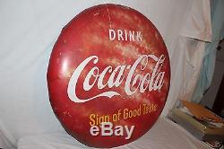Large Vintage 1950's Drink Coca Cola Button Soda Pop 36 Curved Metal Sign