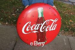 Large Vintage 1950's Drink Coca Cola Button Soda Pop 36 Porcelain Metal Sign