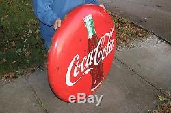 Large Vintage 1950's Drink Coca Cola Button Soda Pop 36 Porcelain Metal Sign