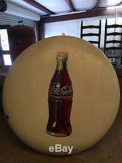 Large Vintage 1950s Coca Cola Button Soda Pop 36 Porcelain Metal Sign