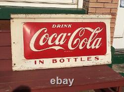 Large Vintage 1950s Drink Coca Cola in Bottles Metal Advertising Sign