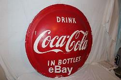 Large Vintage 1954 Drink Coca Cola Bottles Button Soda Pop 36 Curved Metal Sign