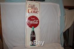 Large Vintage 1960's Coca Cola Coke Soda Pop Bottle Gas Station 54 Metal Sign
