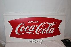 Large Vintage 1964 Coca Cola Fishtail Soda Pop 50 Embossed Metal SignNice