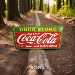 Large Vintage Coca Cola Drug Storerare Porcelain Enamel Sign 60x30 Inch