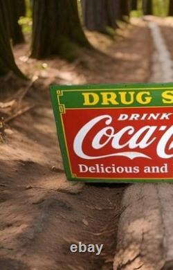 Large Vintage Coca Cola Drug Storerare Porcelain Enamel Sign 60x30 Inch