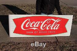 Large Vintage c. 1960 Coca Cola Fishtail Soda Pop 68 Porcelain Metal Sled Sign
