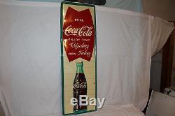 Large Vintage c. 1960 Coca Cola Fishtail Soda Pop Bottle 54 Metal Sign
