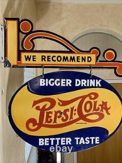 Large Vintage''pepsicola'' 24 Inch Porcelain Dealer Sign & Porcelain Bracket