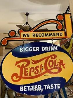 Large Vintage''pepsicola'' 24 Inch Porcelain Dealer Sign & Porcelain Bracket