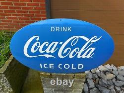Large XL Blue COCA COLA Ice Cold Advertising Porcelain Enamel Sign 33 x 19 Inch