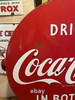 Lg. Original & Authentic''drink Coca-cola'' Double Sided Porcelain Sign 30 Inch