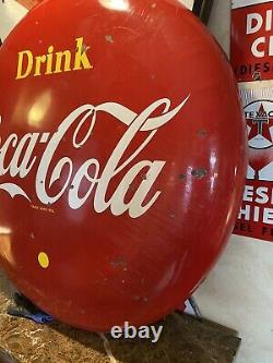 Lg. Original & Authentic''drink Coca-cola'' Soda Button Porcelain Sign 48 Inch