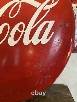 Lg. Original & Authentic''drink Coca-cola'' Soda Button Porcelain Sign 48 Inch