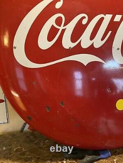 Lg. Original & Authentic''drink Coca-cola'' Soda Button Porcelain Sign 48 Inch