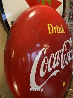 Lg. Original & Authentic''drink Coca-cola'' Soda Button Porcelain Sign 48 Inch