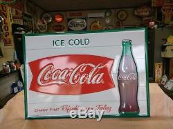 NICE COCA COLA FISHTAIL EMBOSSED METAL ADVERTISING SIGN 27x 19 1/2 EXCELLENT