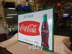 NICE COCA COLA FISHTAIL EMBOSSED METAL ADVERTISING SIGN 27x 19 1/2 EXCELLENT