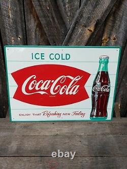 NOS 1950s Coca Cola Fishtail Sign. 28inx20in. Near Mint! Painted Metal