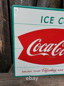 NOS 1950s Coca Cola Fishtail Sign. 28inx20in. Near Mint! Painted Metal