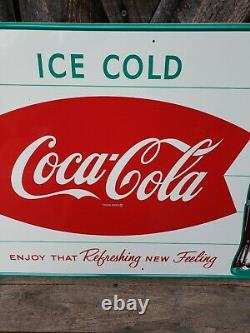 NOS 1950s Coca Cola Fishtail Sign. 28inx20in. Near Mint! Painted Metal