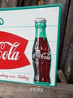 NOS 1950s Coca Cola Fishtail Sign. 28inx20in. Near Mint! Painted Metal