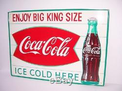NOS 1960's Coca Cola Fishtail Big King Size Ice Cold Here Tin Sign
