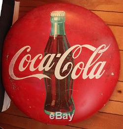 ORIGINAL 1950s 36 INCH COCA-COLA BUTTON SIGN WITH BOTTLE IMAGE