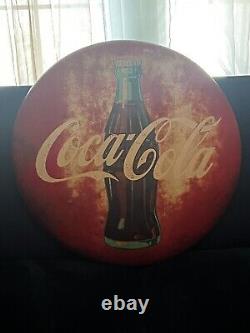 ORIGINAL & AUTHENTIC'' COCA-COLA'' BUTTON METAL SIGN 24 Late 40's Early 50's