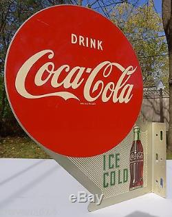 ORIGINAL Vintage 1951 DRINK COCA COLA ICE COLD Double-Sided Metal FLANGE SIGN