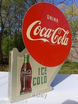 ORIGINAL Vintage 1951 DRINK COCA COLA ICE COLD Double-Sided Metal FLANGE SIGN
