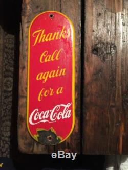 Old COCA-COLA Porcelain Door Push Palm Plate Coke Sign THANKS CALL AGAIN