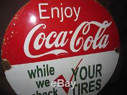 Old Coca Cola Tire check Porcelain sign