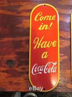Old USED Coca Cola Door Push Porcelain Enamel Sign Coca Cola Porcelain Sign