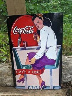 Old Vintage Coca-cola Porcelain Beverage Soda Gas Station 12x8 Sign Coke Cola