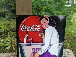 Old Vintage Coca-cola Porcelain Beverage Soda Gas Station 12x8 Sign Coke Cola