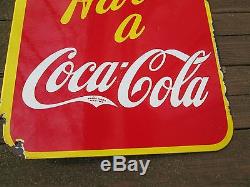Old and Original Coca Cola Porcelain Flange Sign, Double Sided Coke Sign