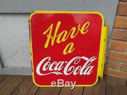 Old and Original Coca Cola Porcelain Flange Sign, Double Sided Coke Sign