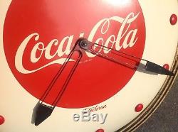 Orig 1940s Art Deco Coca Cola Button clock Sign tin masonite Kay products