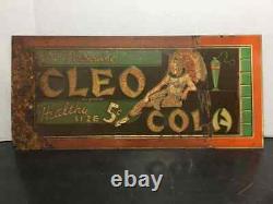 Original 1930s Cleo Cola 5 Cent Embossed Metal Sign Cleopatra Soda 12 x 27