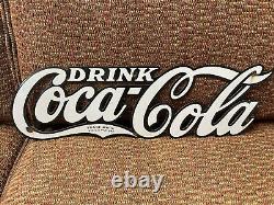 Original 1930s Drink Coca Cola Porcelain Diecut Script Sign Vtg Old