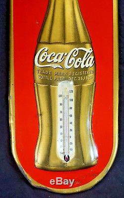 Original 1937 DATED Coke Coca Cola Soda Embossed Advertising Thermometer Sign