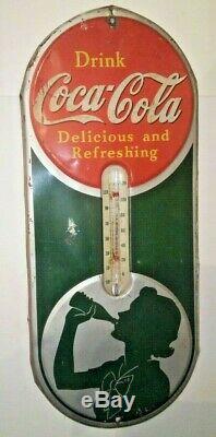 Original 1939 COKE Coca Cola Tin Silhouette Girl Thermometer Advertising Sign