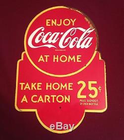 Original 1940's Vintage Coca Cola 25c Carton Soda 2 Sided 16 Metal Sign Rusty