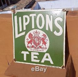 Original 1940s Old Vintage Rare Lipton's Tea Porcelain Enamel Sign Board, LONDON