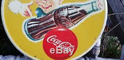Original 1947 COCA COLA Sprite Boy VERY RAREMetal Enamel Button Sign 13 INCHES