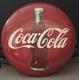 Original 1950/60s Coca Cola 24 Diameter Red Metal Button Sign With Coke Bottle