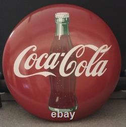 Original 1950/60s Coca Cola 24 Diameter Red Metal Button Sign With Coke Bottle
